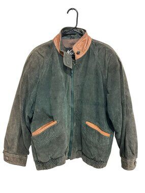 Vintage Niki Large Green Suede Bomber Jacket Brown Leather Accent Heritage Style